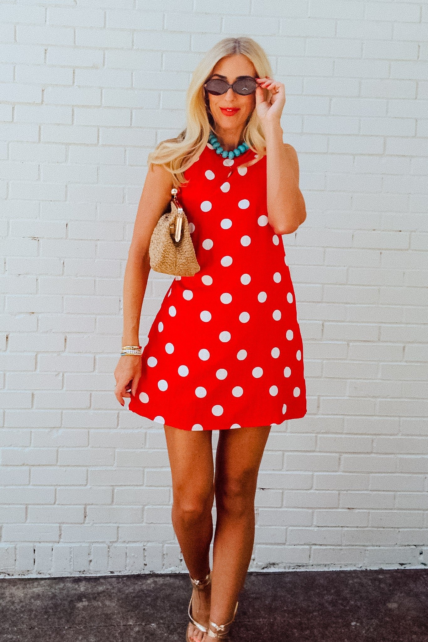 Estella Polka Dot Mini Dress - True Red — view 7