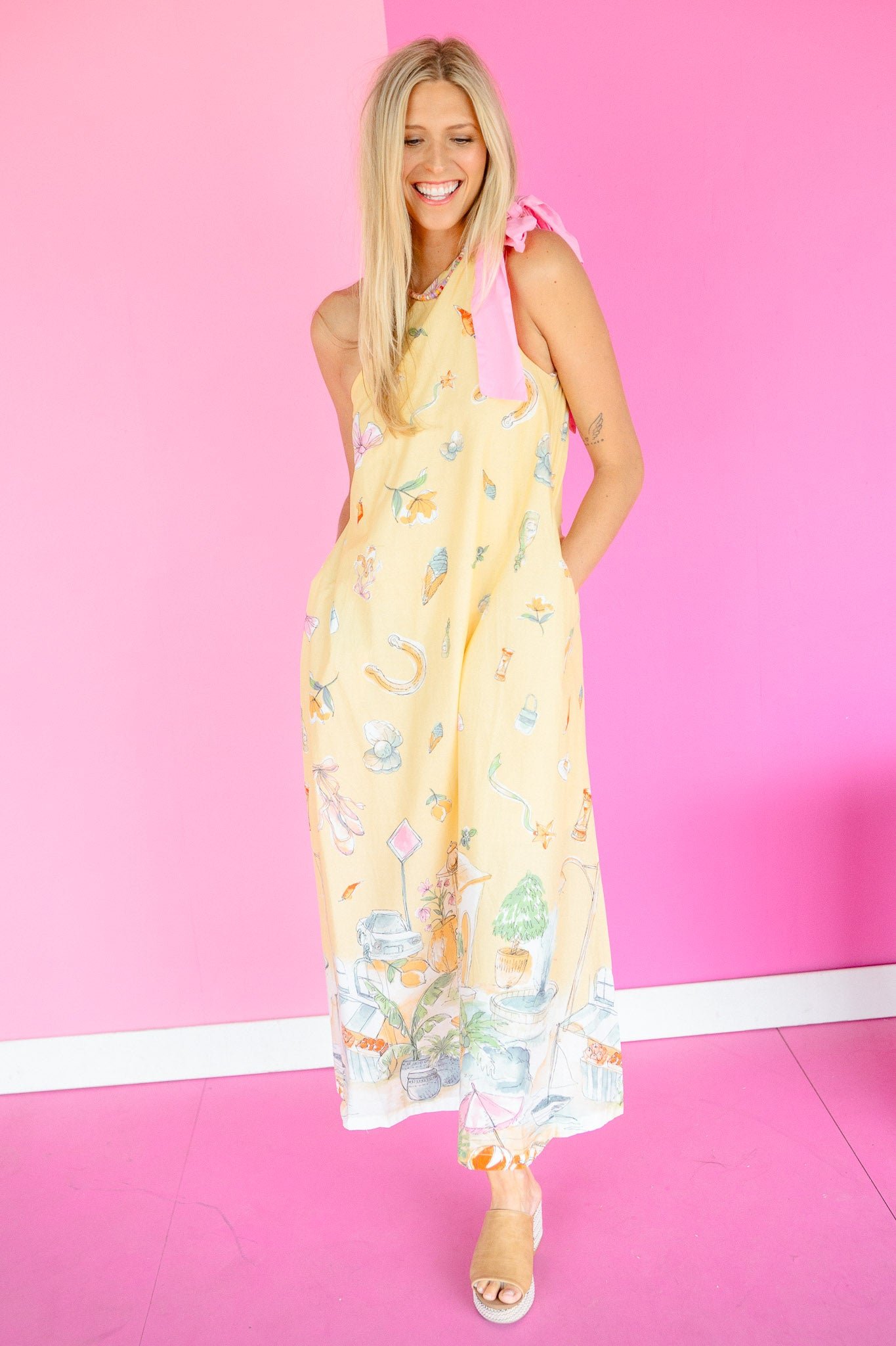 Amber One-Shoulder Maxi Dress - Light Yellow Ochre + Geranium Pink — view 5