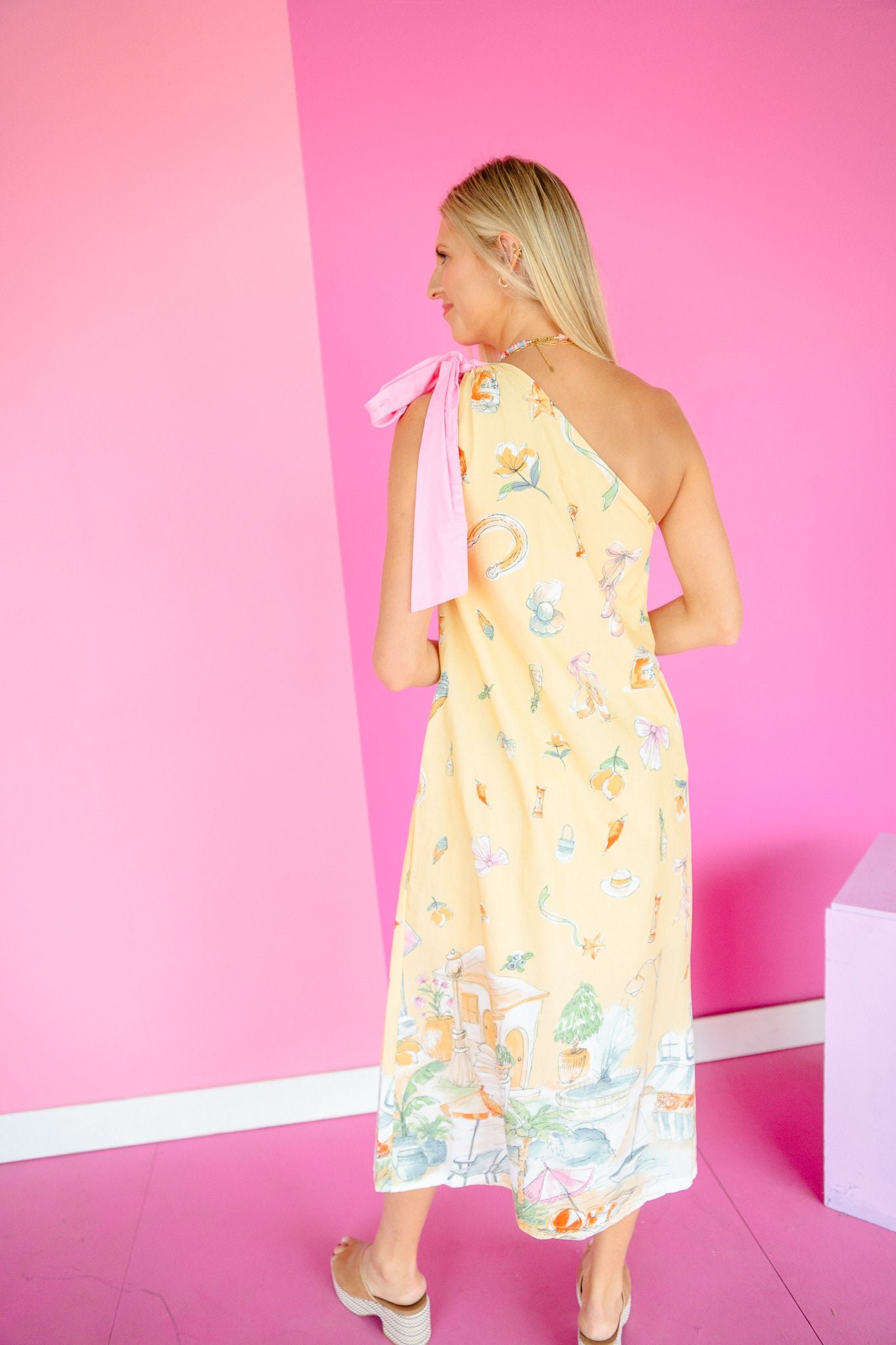 Amber One-Shoulder Maxi Dress - Light Yellow Ochre + Geranium Pink — view 9