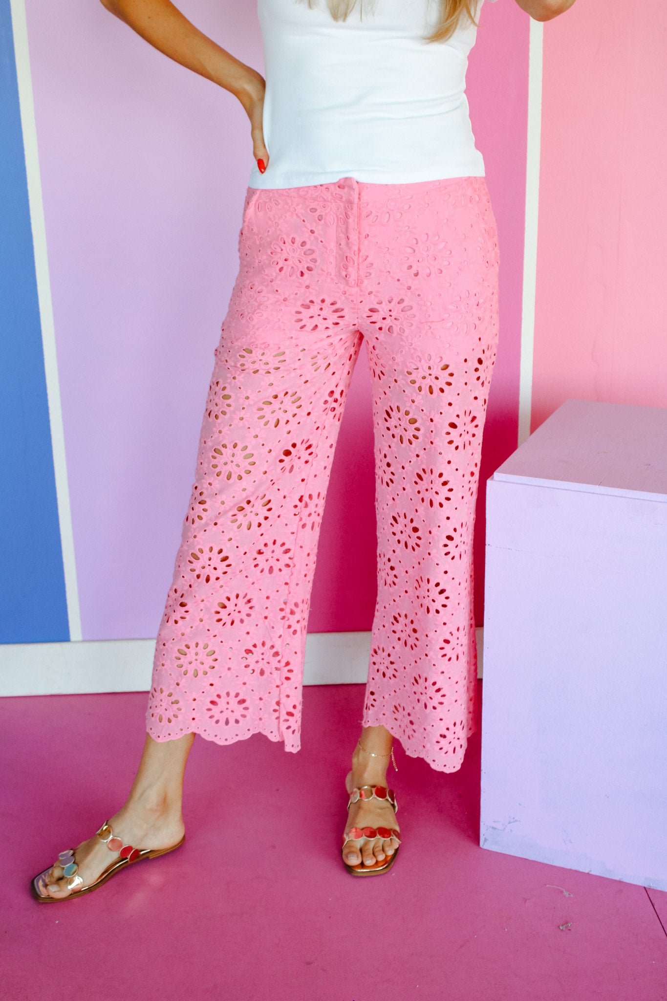 Betsy Eyelet Wide Leg Pants - Light Rose