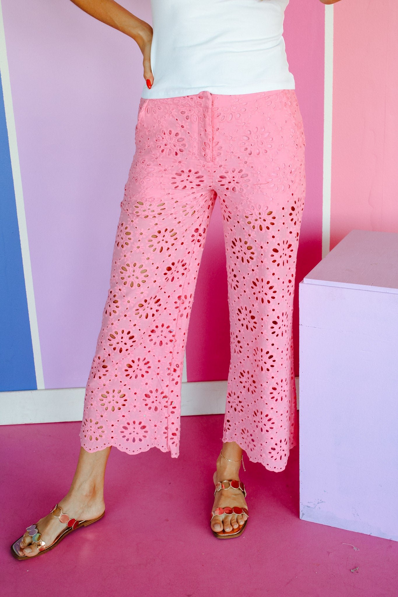 Betsy Eyelet Wide Leg Pants - Light Rose — view 5