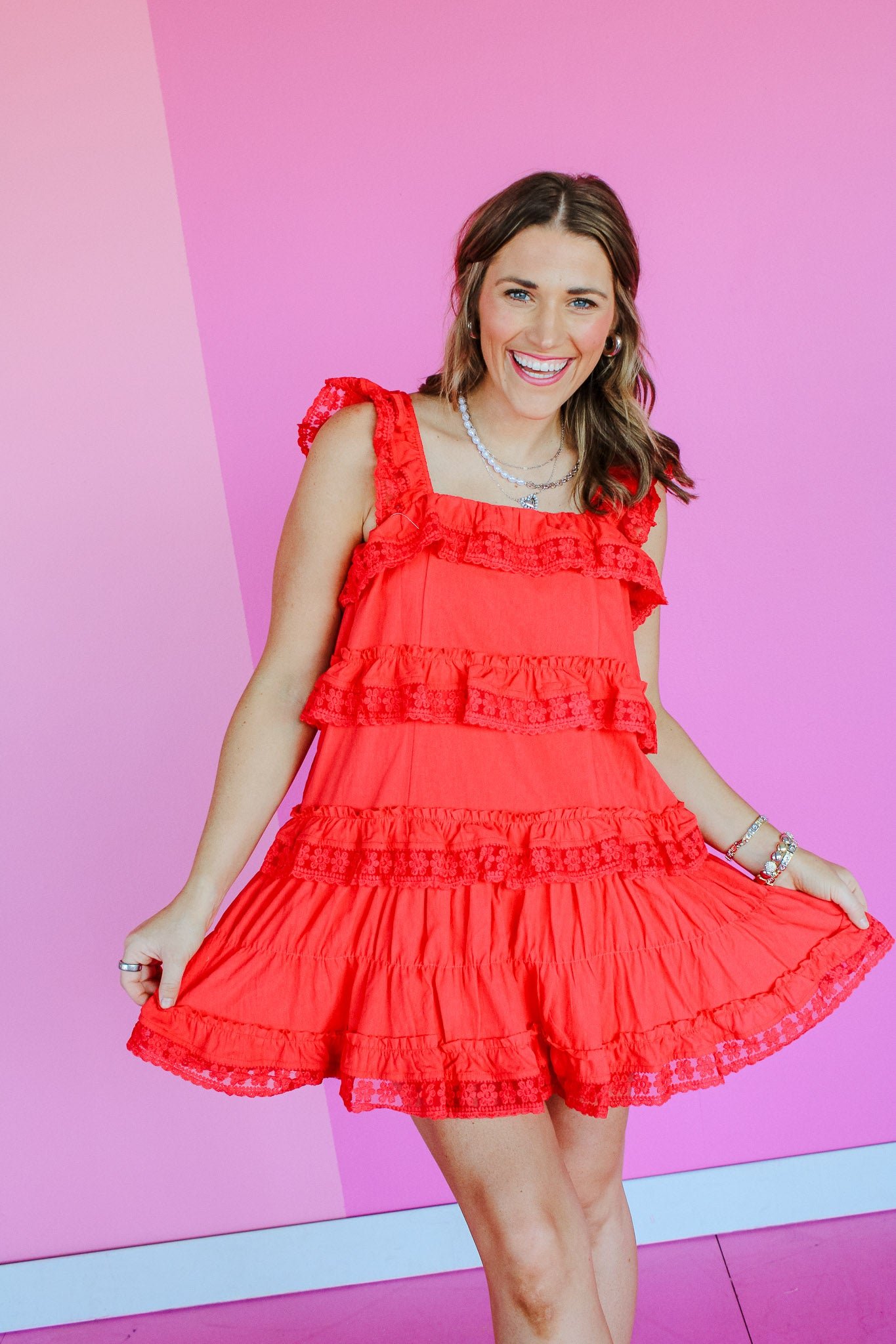Skye Tiered Mini Dress - Coral Red — view 5