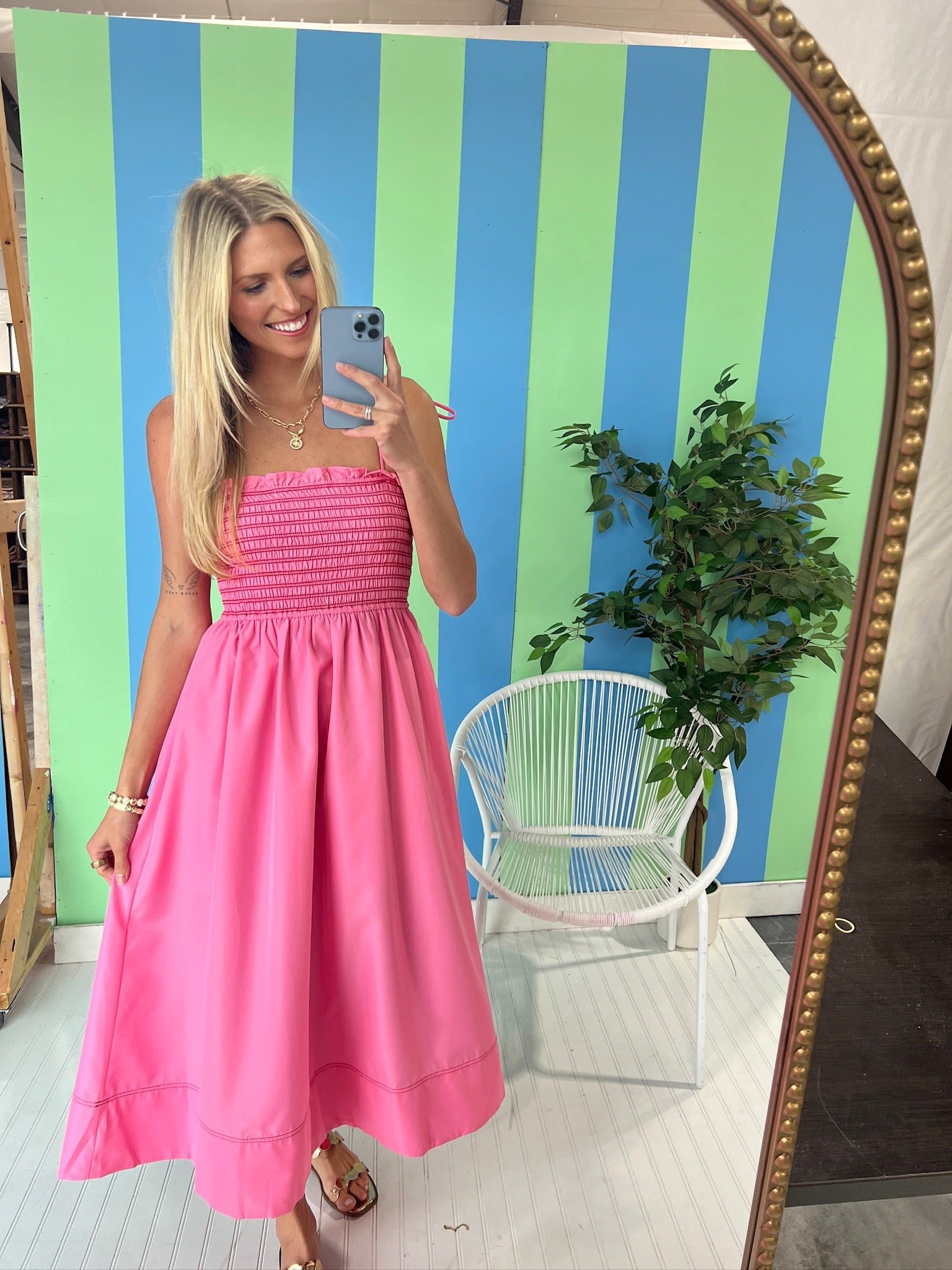 Billie Smocked Midi Dress - Rose/Shocking Pink + Coral Red — view 8