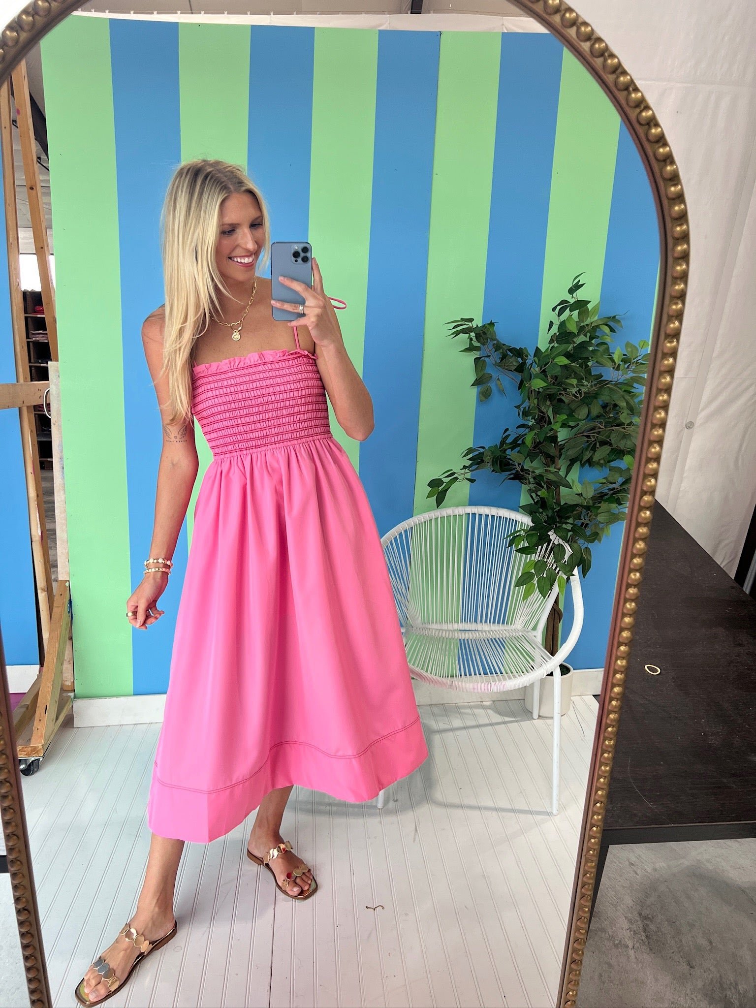 Billie Smocked Midi Dress - Rose/Shocking Pink + Coral Red — view 7