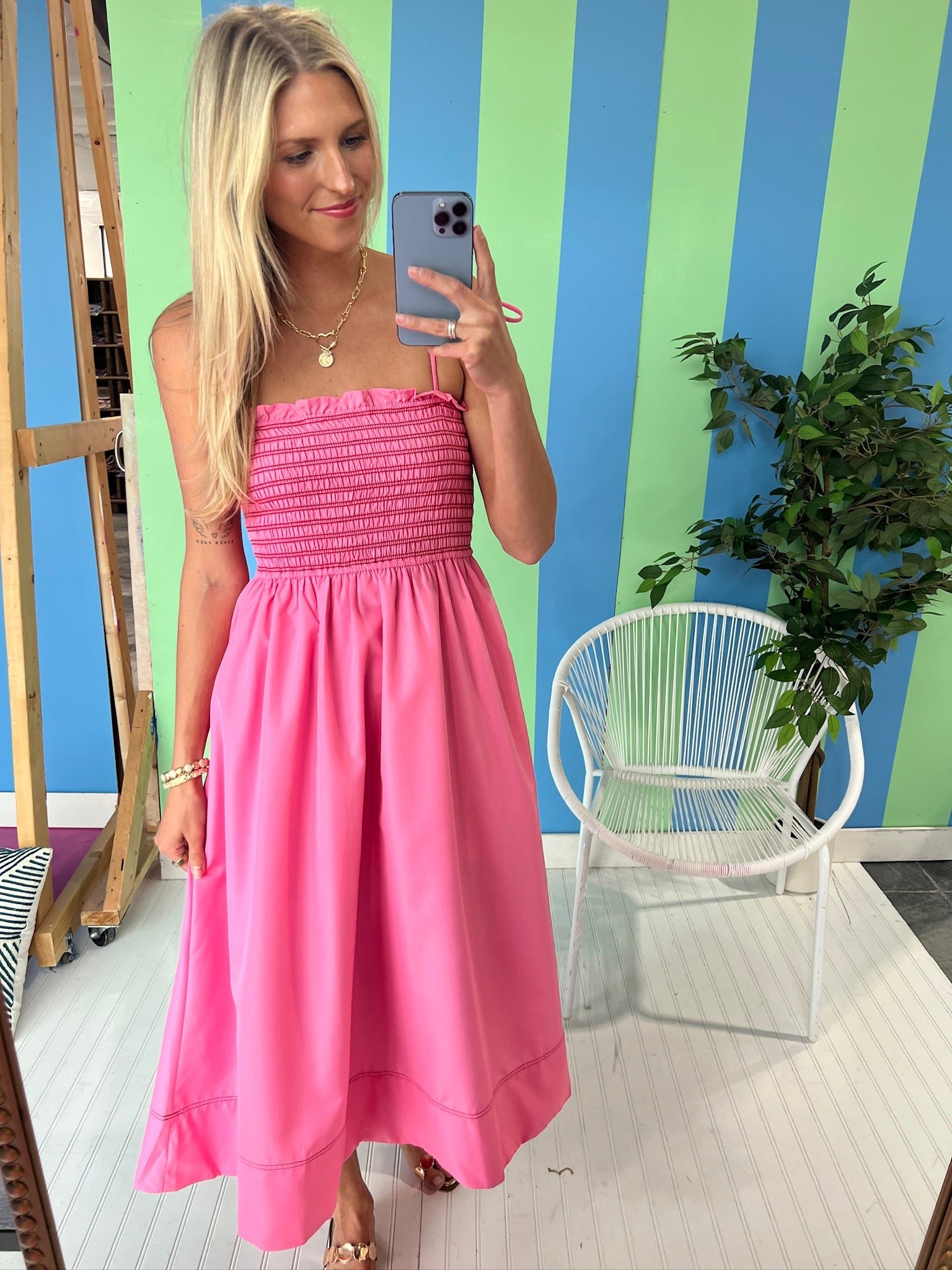 Billie Smocked Midi Dress - Rose/Shocking Pink + Coral Red — view 6
