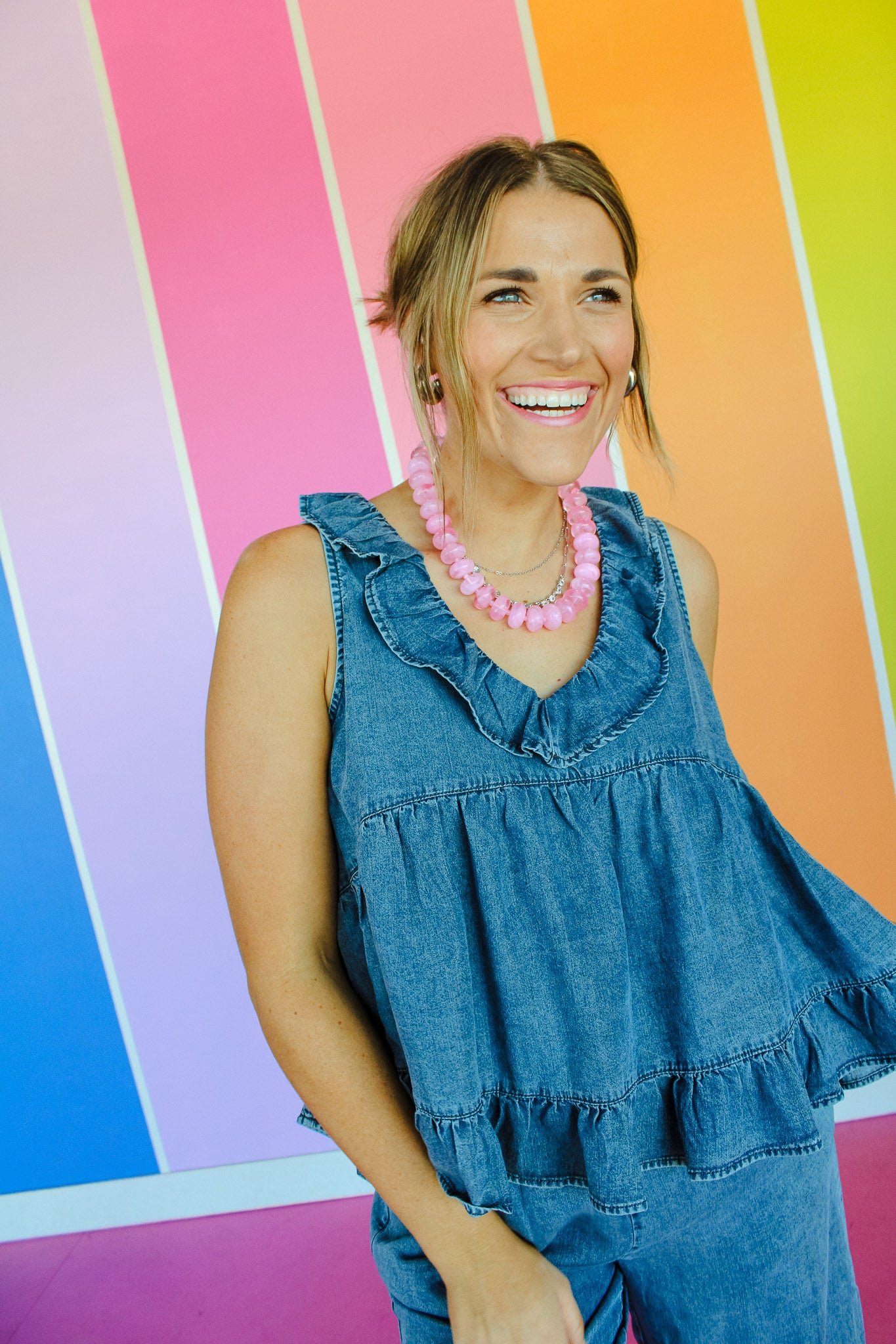Charlene Denim Ruffle Tank - Muted Dark Wash — view 2