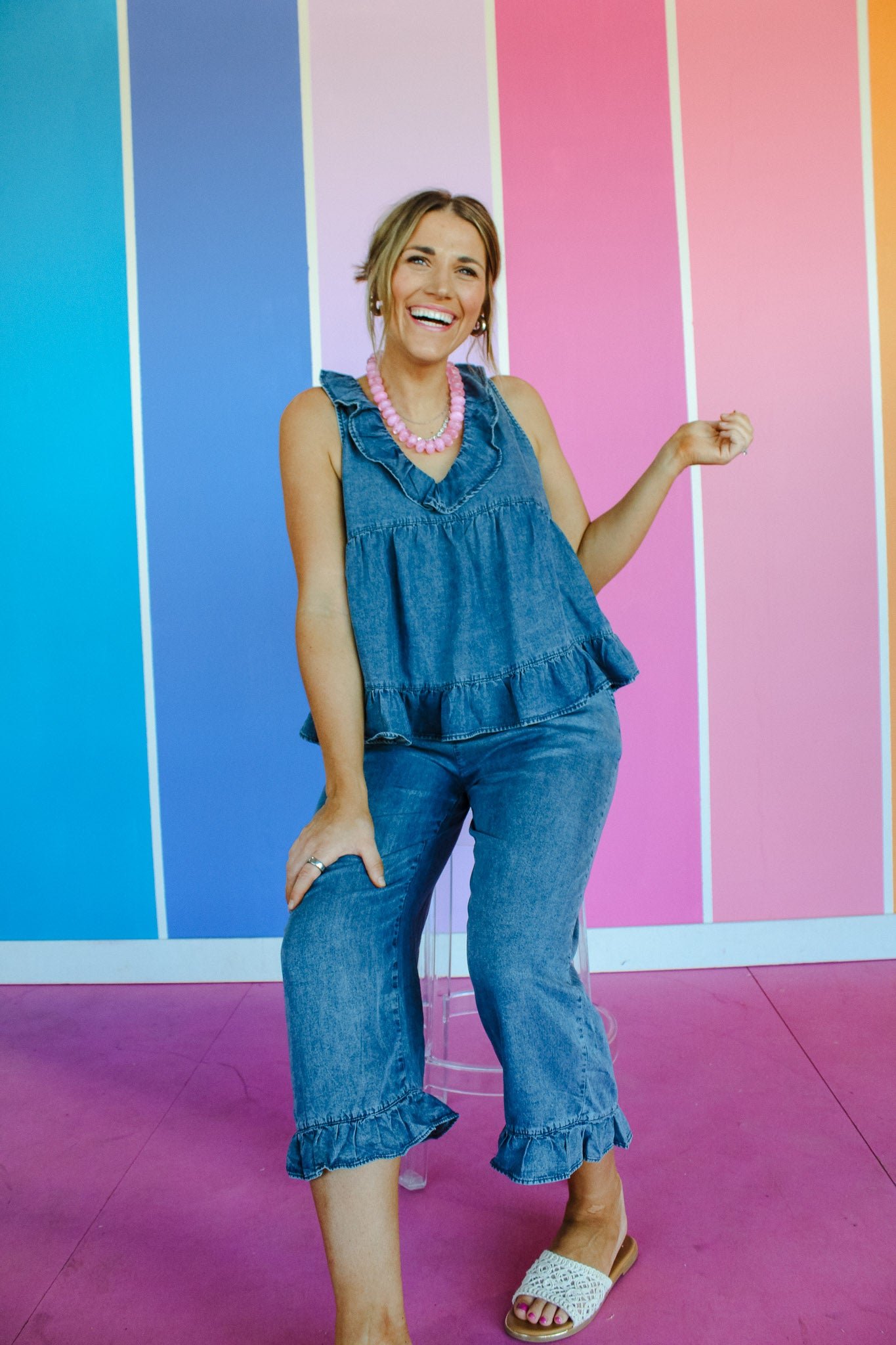 Charlene Denim Ruffle Tank - Muted Dark Wash — view 3