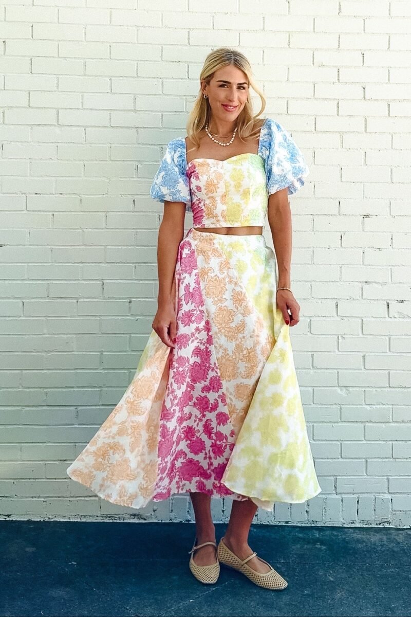Camila Floral Print Midi Skirt - Soft White + Apple + Cornflower + Pink