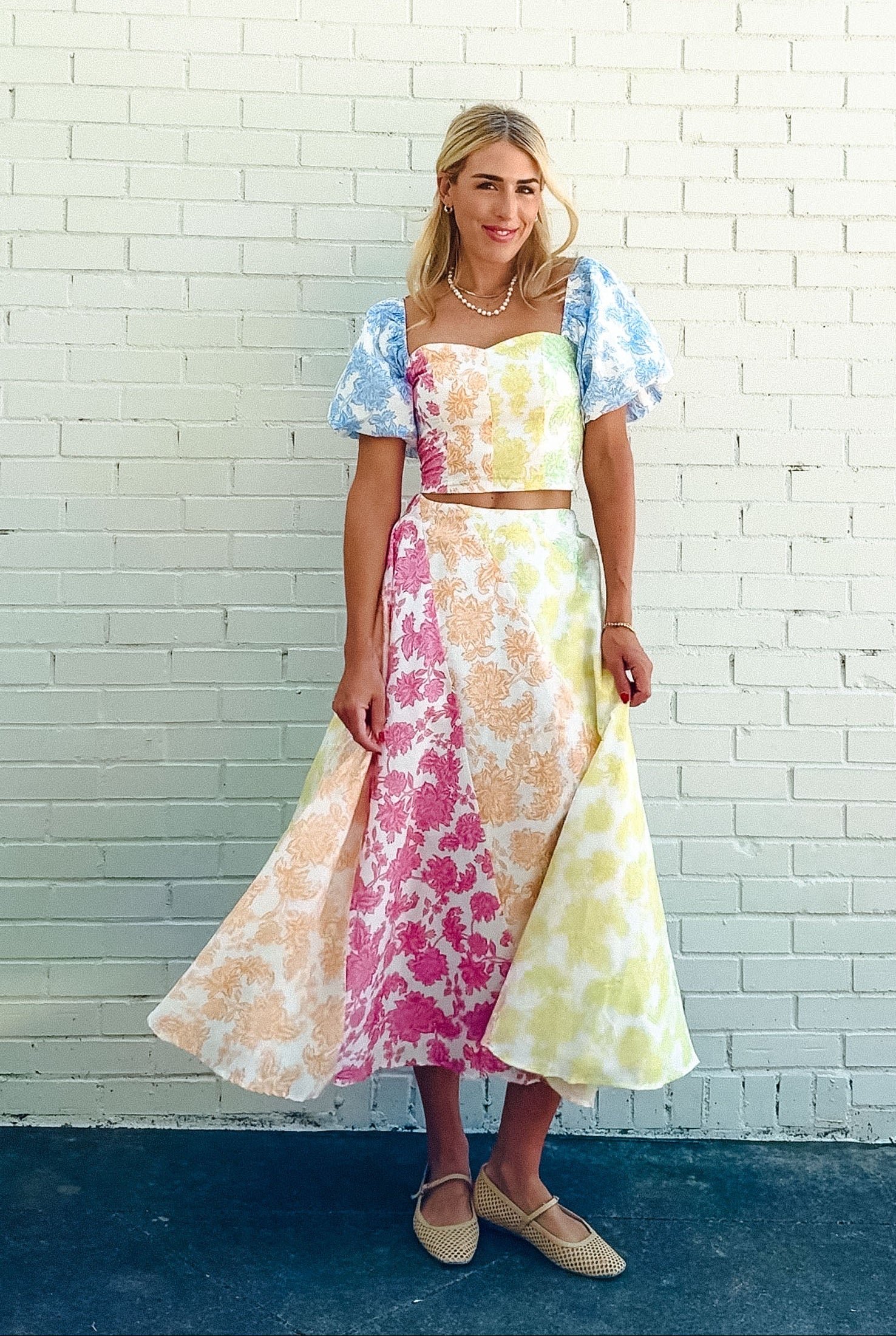 Camila Floral Print Midi Skirt - Soft White + Apple + Cornflower + Pink