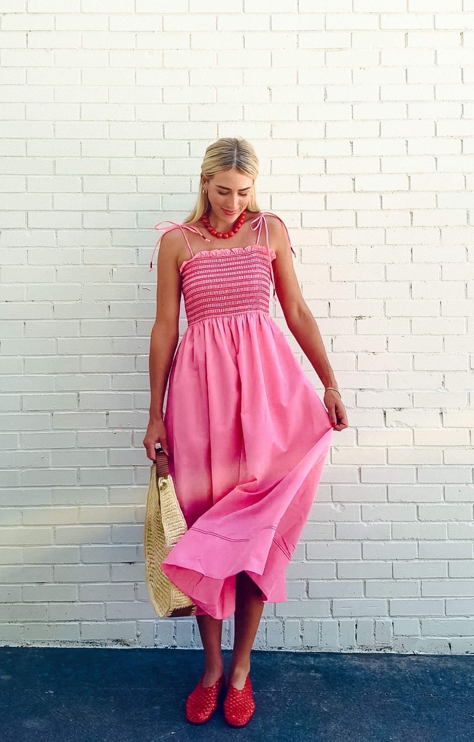 Billie Smocked Midi Dress - Rose/Shocking Pink + Coral Red — view 5