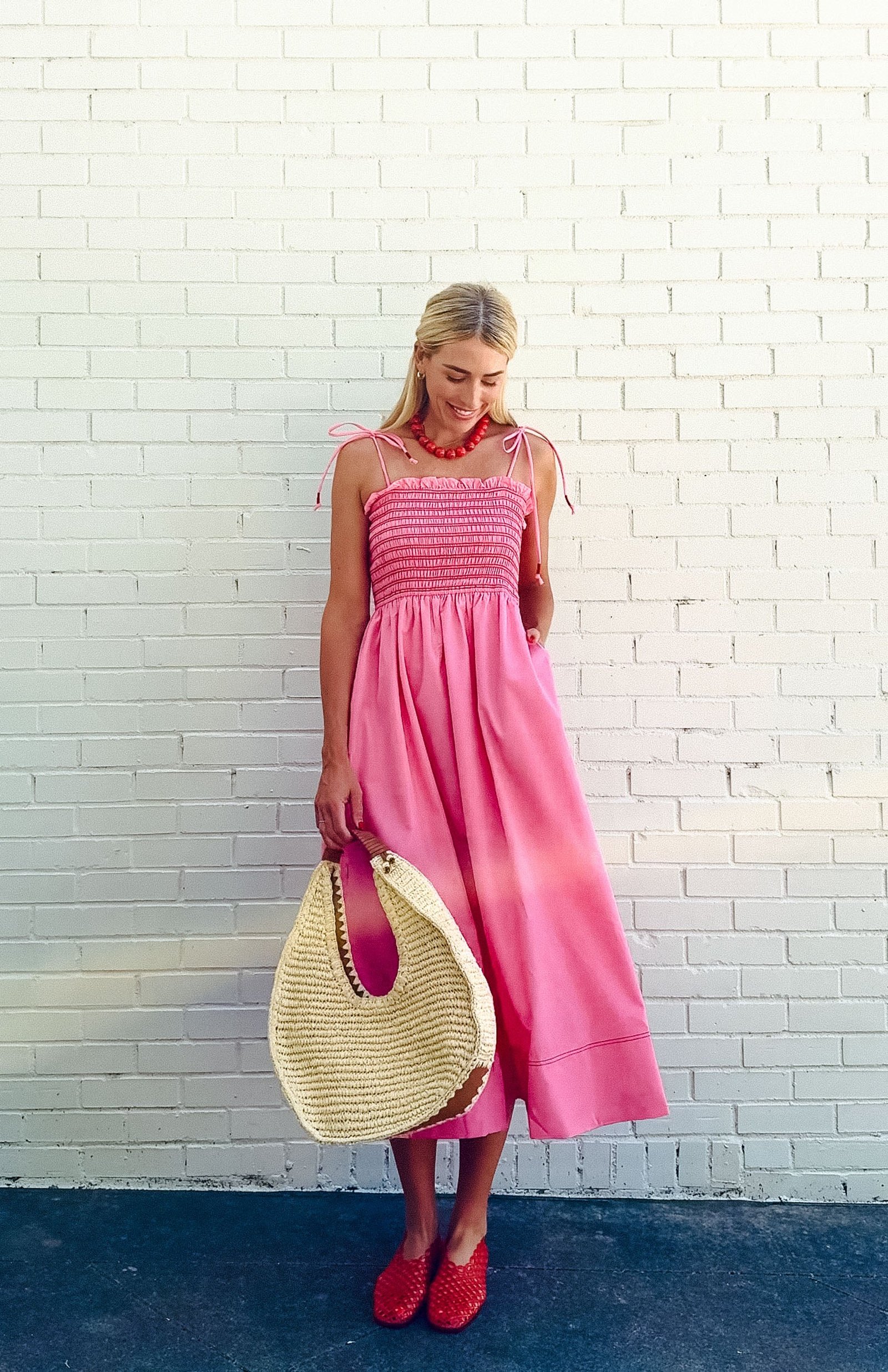 Billie Smocked Midi Dress - Rose/Shocking Pink + Coral Red — view 2