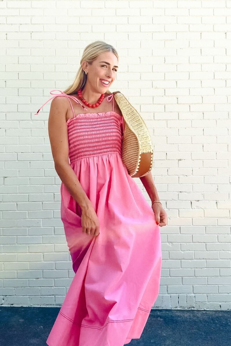 Billie Smocked Midi Dress - Rose/Shocking Pink + Coral Red