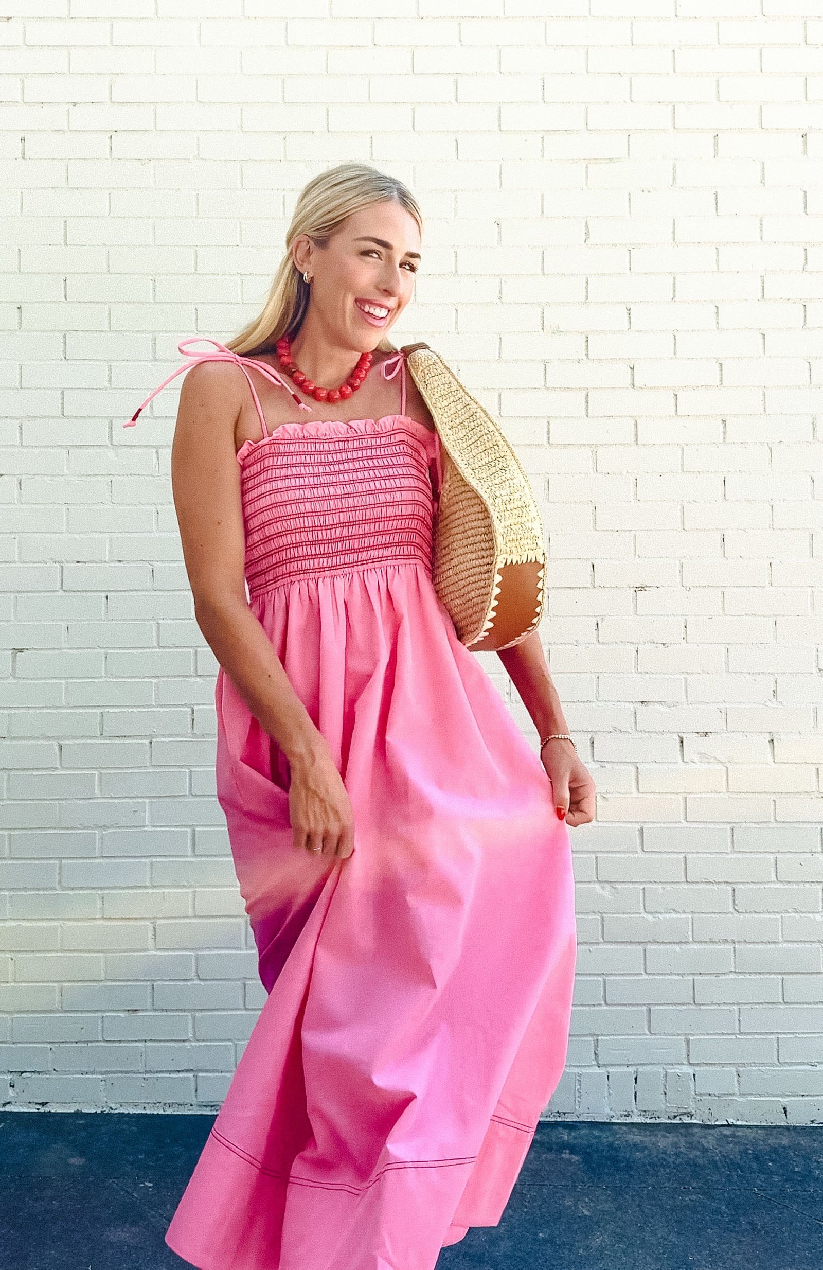 Billie Smocked Midi Dress - Rose/Shocking Pink + Coral Red
