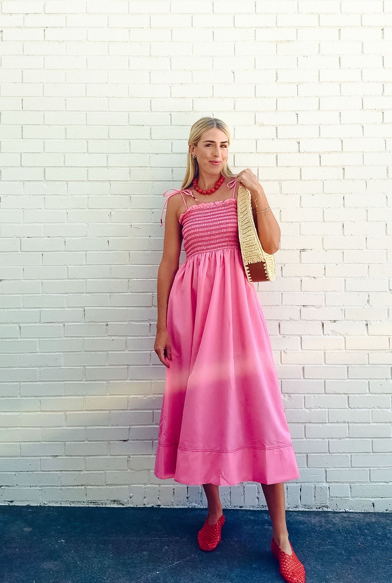 Billie Smocked Midi Dress - Rose/Shocking Pink + Coral Red — view 3