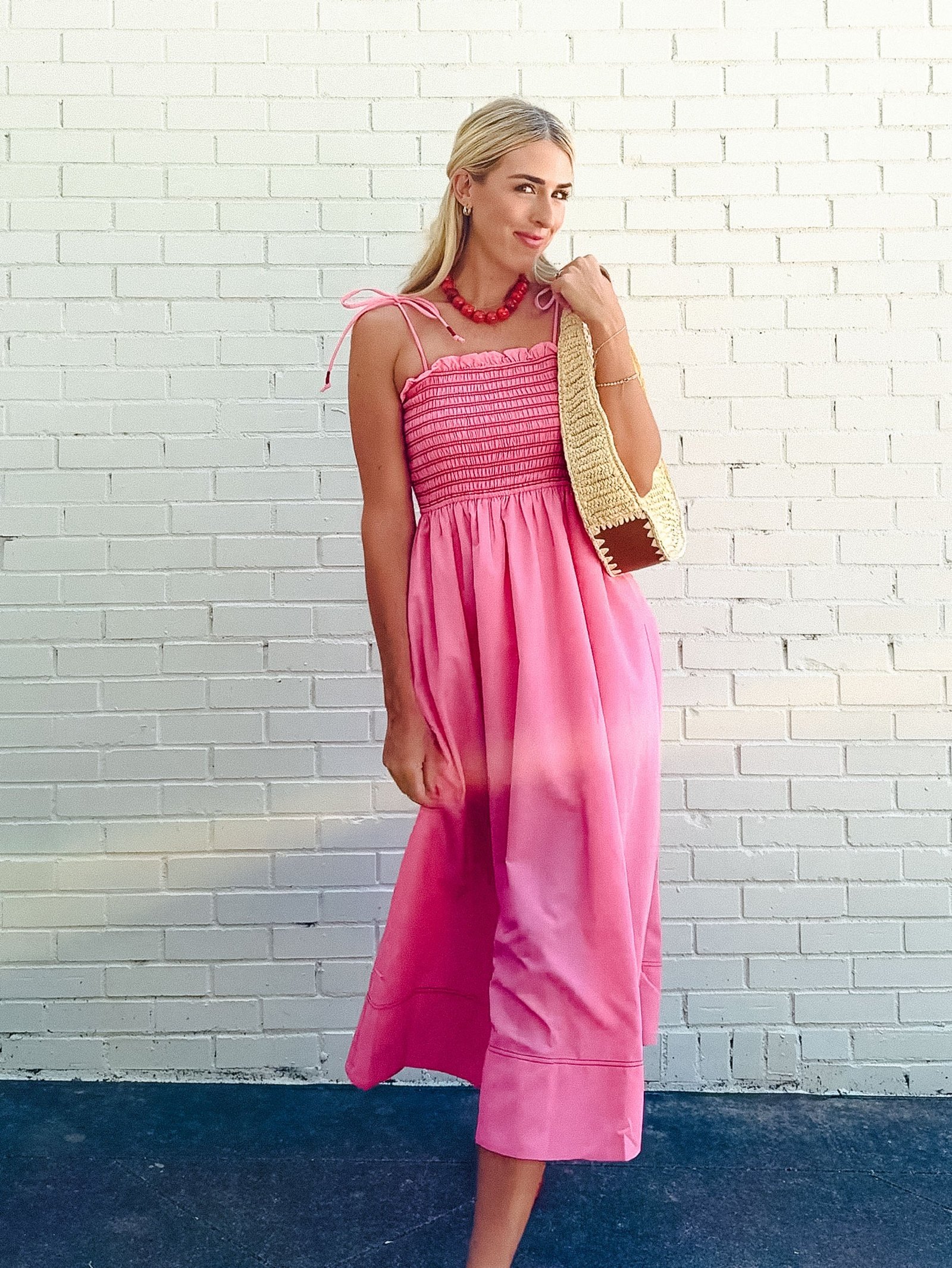 Billie Smocked Midi Dress - Rose/Shocking Pink + Coral Red — view 4
