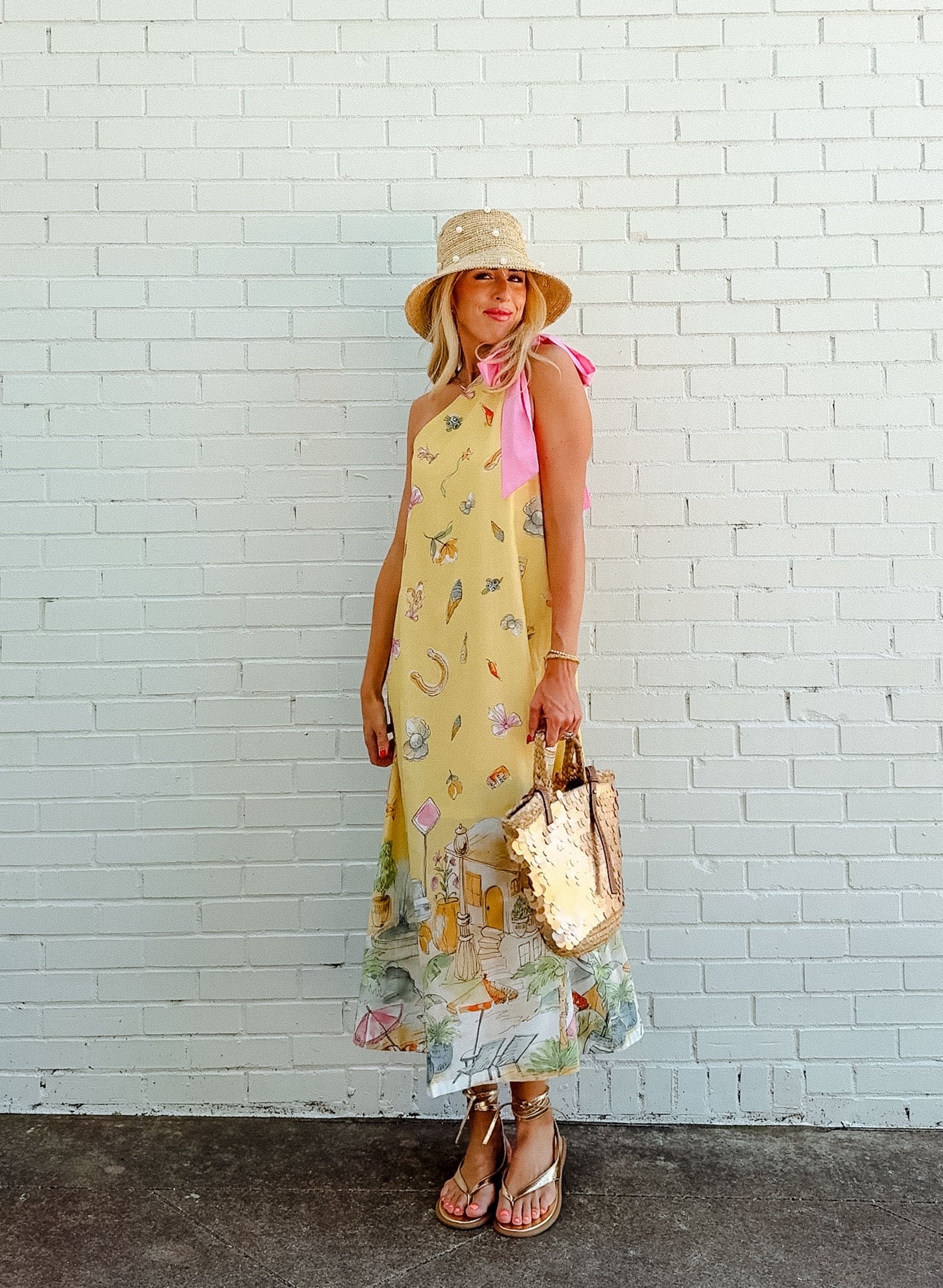 Amber One-Shoulder Maxi Dress - Light Yellow Ochre + Geranium Pink — view 3