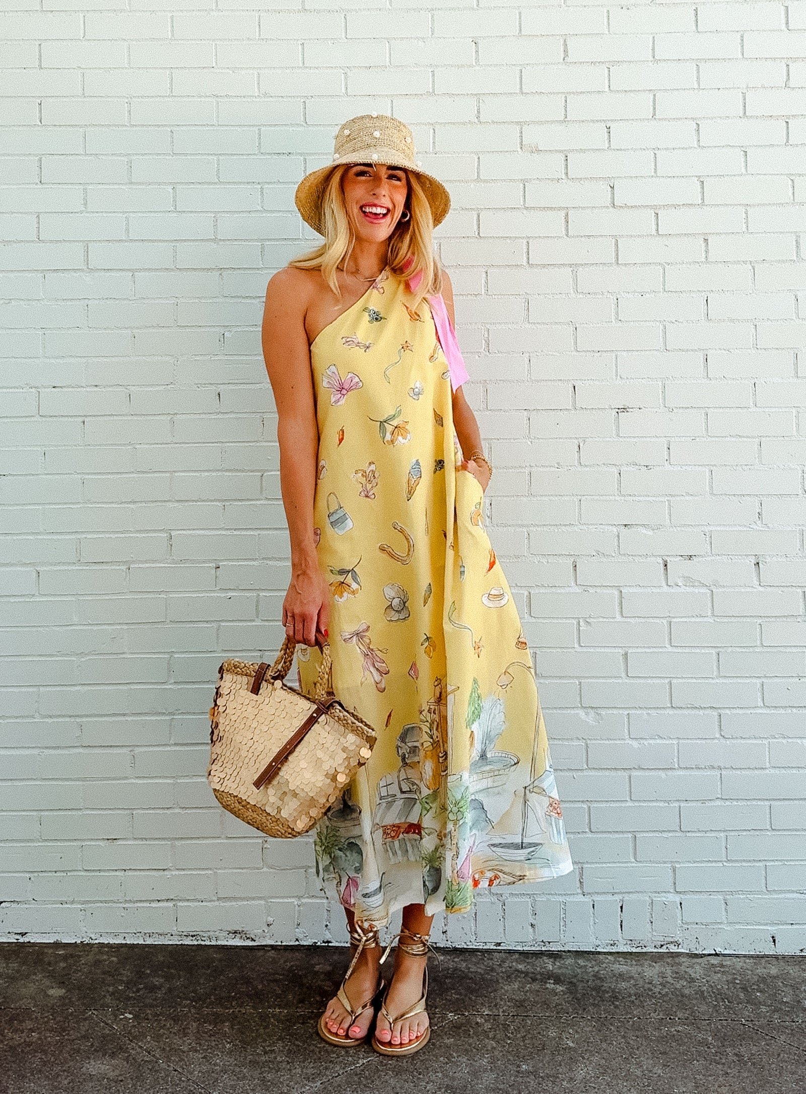 Amber One-Shoulder Maxi Dress - Light Yellow Ochre + Geranium Pink — view 2