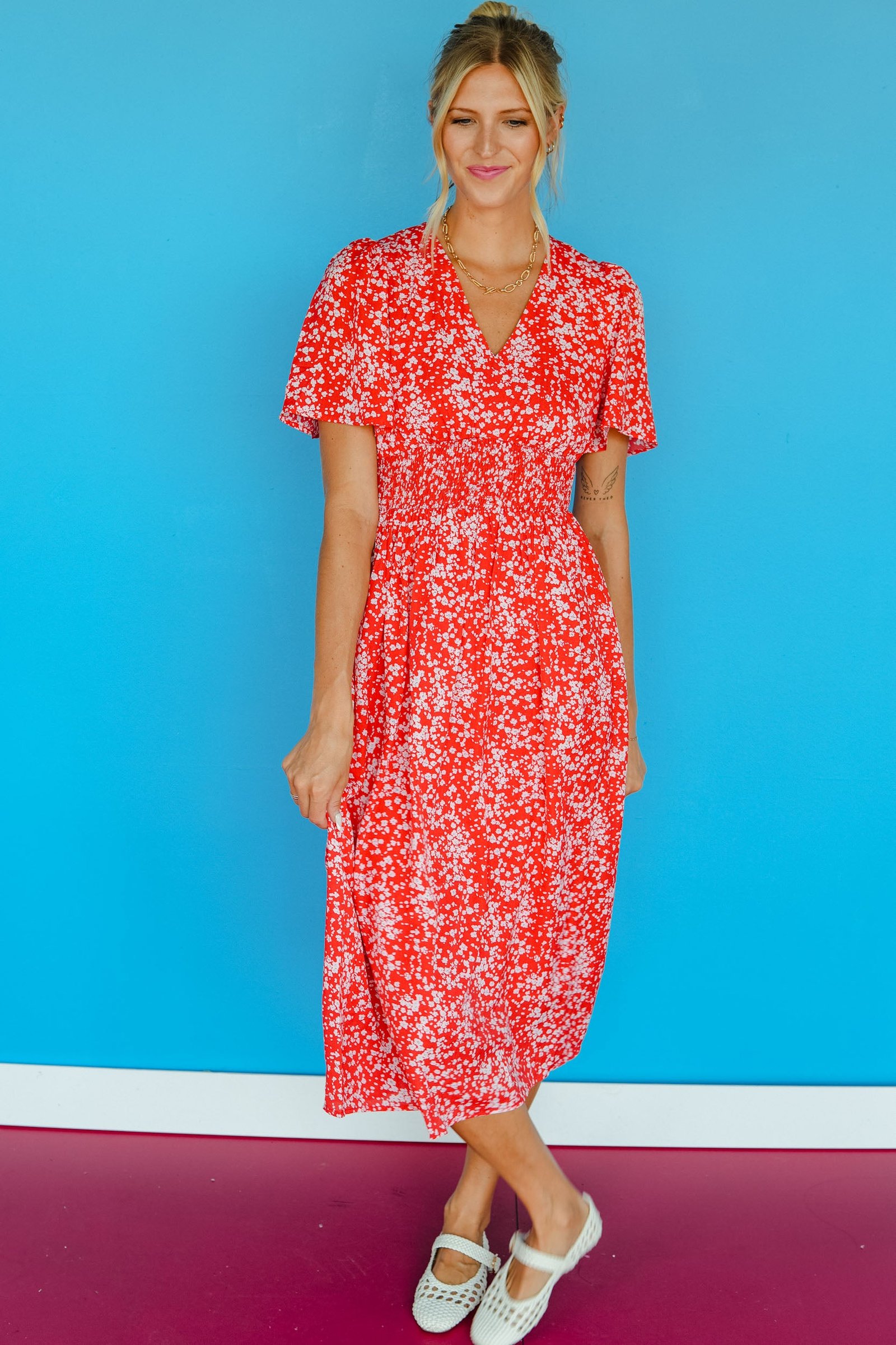 Magnolia Floral Midi Dress - Geranium Red — view 4