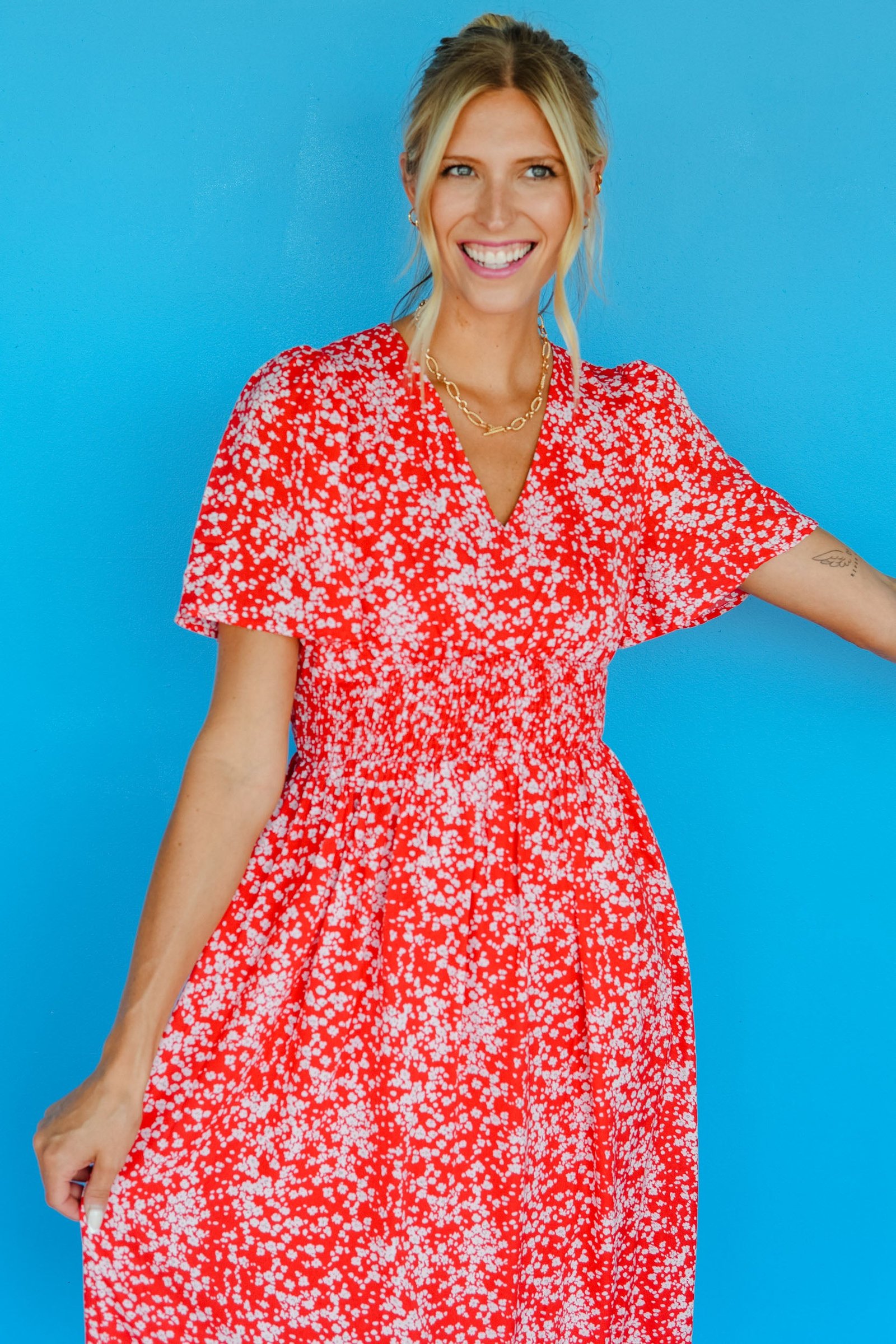 Magnolia Floral Midi Dress - Geranium Red — view 3