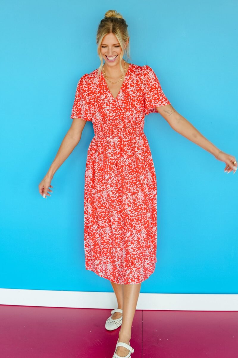 Magnolia Floral Midi Dress - Geranium Red