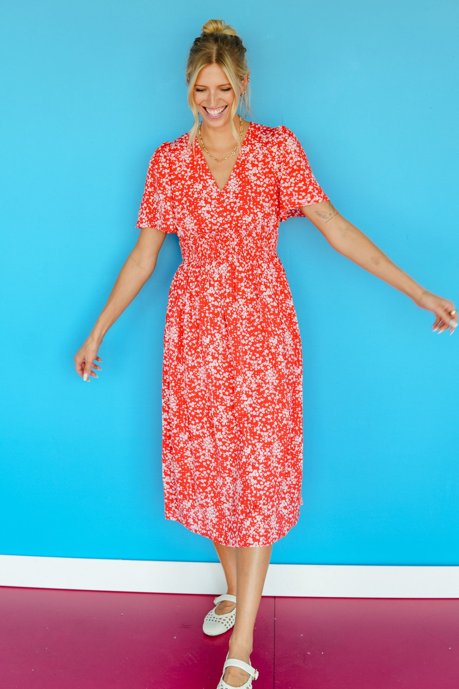 Magnolia Floral Midi Dress - Geranium Red