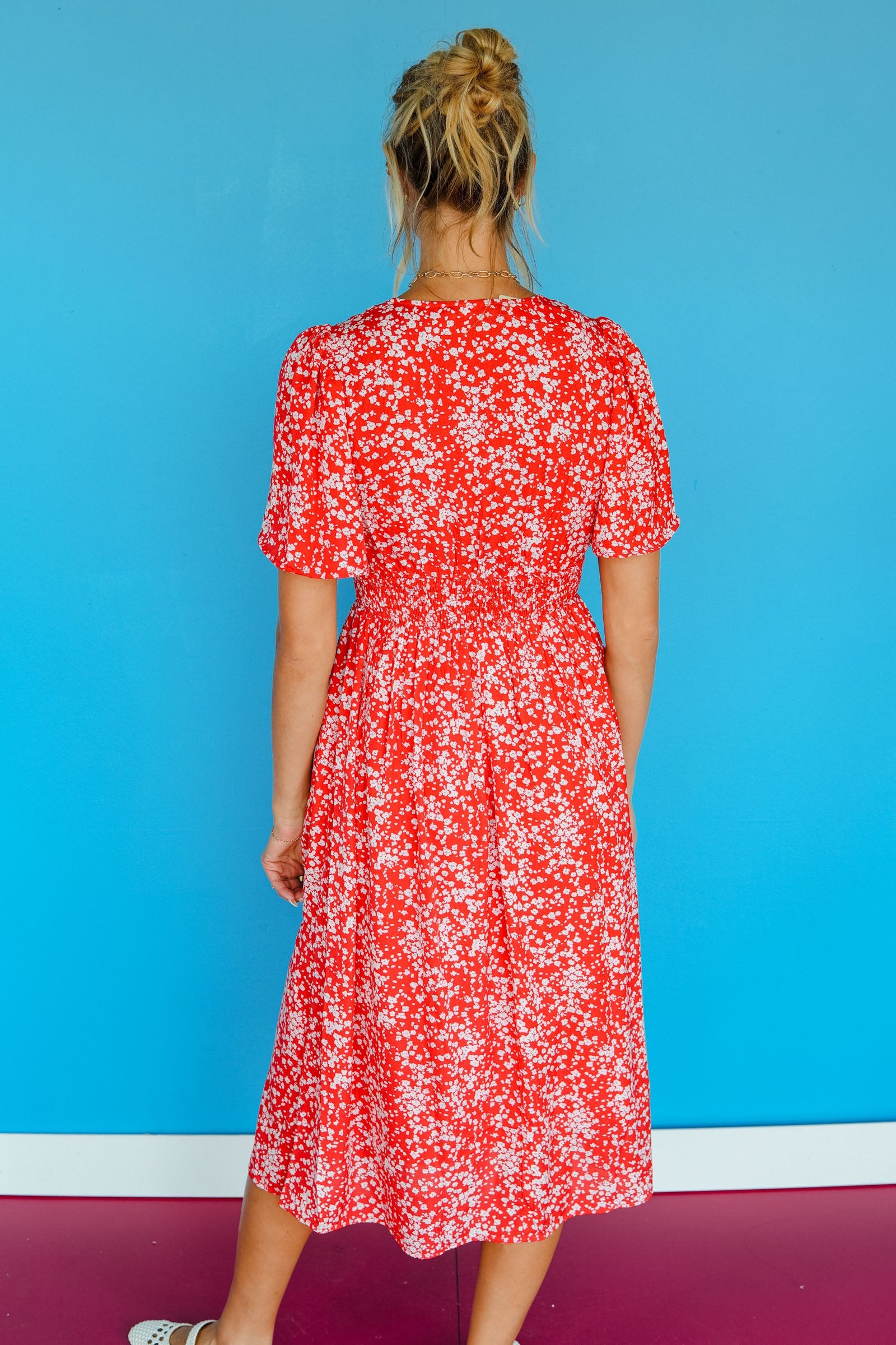 Magnolia Floral Midi Dress - Geranium Red — view 5
