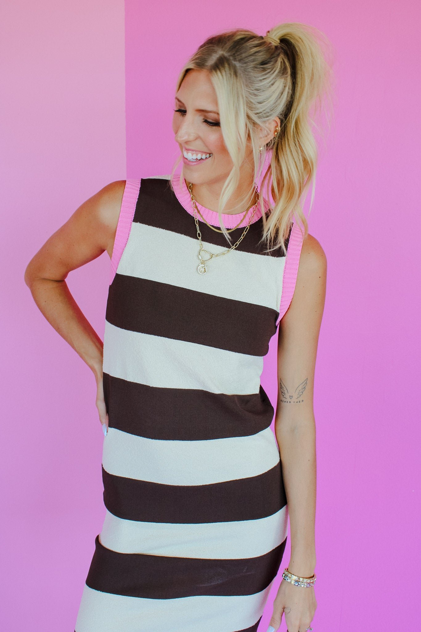Wilma Striped Midi Dress - Dark Brown + Oatmeal — view 2