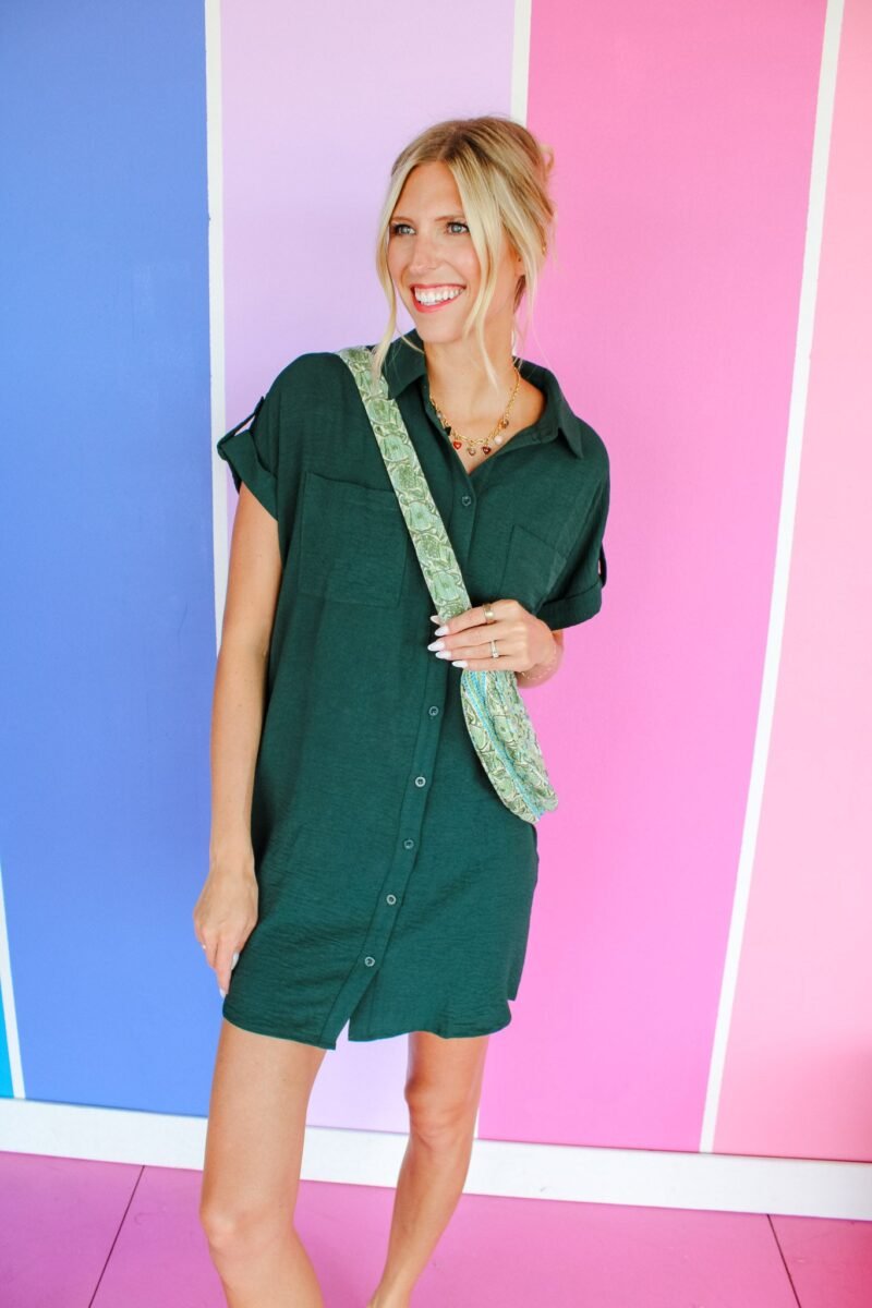Jamie Button Up Dress - Pine/Forest Green