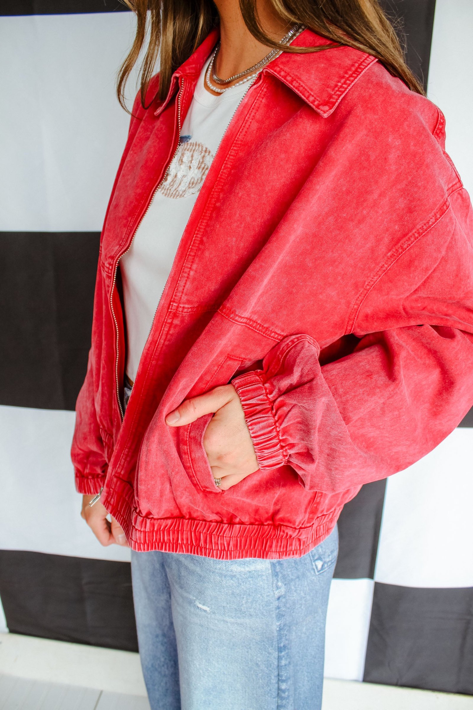 The Alumni Club Washed Denim Jacket - Muted Red — view 3